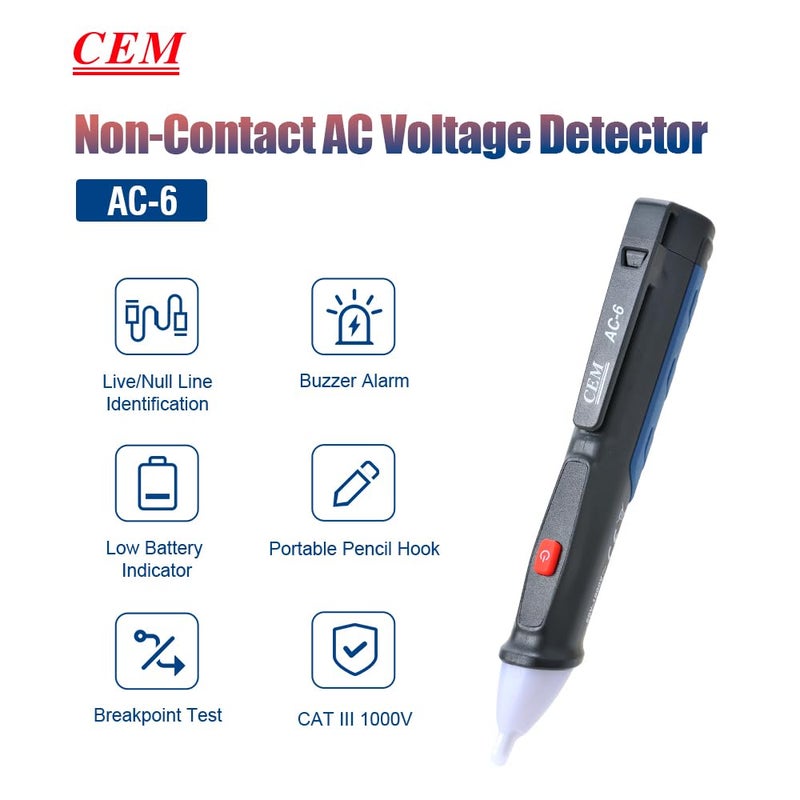 CEM Voltage Tester,CEM AC-6 Non-Contact Voltage Detector,Electrical Tester,AC,LCD Display in Percentage,Buzzer Alarm,Live Wire Tester,Wire Breakpoint Finder - Black-Built-in/External Battery (Random) - Image 2